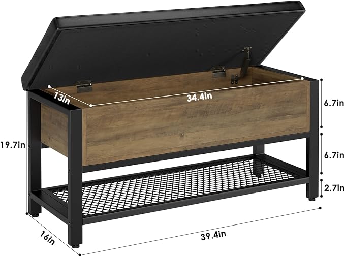 HOSTACK Storage Bench, Entryway Shoe Bench with Flip-Open Storage Box, End of Bed Ottoman Bench with Storage Shelf and Padded Seat for Bedroom, Hallway, Rustic Brown - Image 3