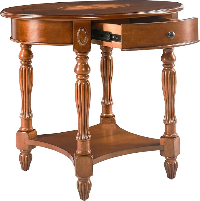 Solid Wood Oval End Table with Drawer and Shelf, 28" Traditional Vintage Side Table Polished Edging Sofa Table Bedside Nightstand for Living Room Bedroom, Beewax