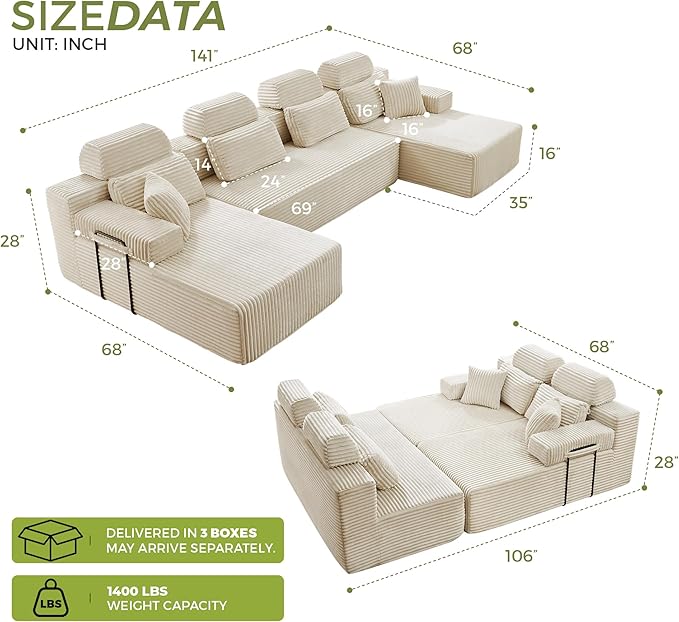 141" U-Shaped Cloud Modular Sectional Sofa with Chaise & Headrest, Boneless Deep Seat Plush Corduroy Couches for Large Living Room, No Assembly Required (White, 141" U-shapred Chaise)
