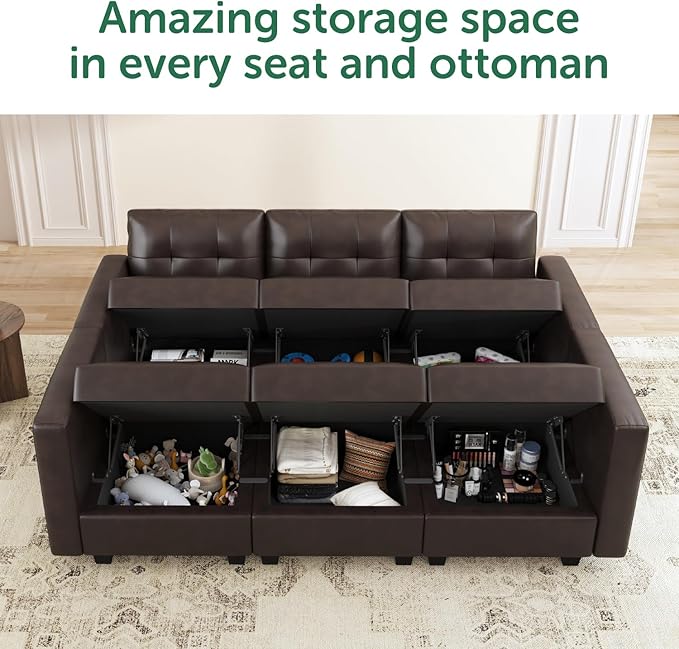 HONBAY Oversized Modular Sleeper Sectional Sofa Bed with Storage, Faux Leather Reversible 6 Seat Couches, Mid Brown