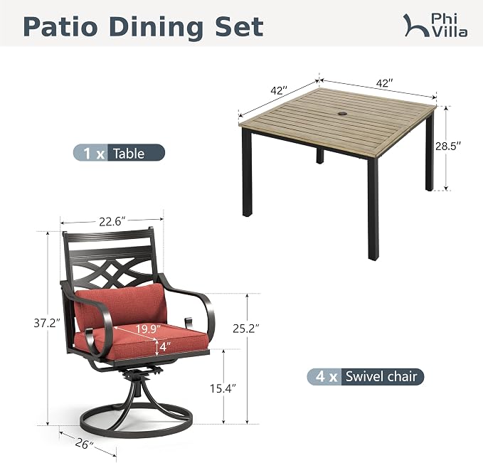 PHI VILLA 5 Pieces Outdoor Dining Set for 4, 42" Square Brown Metal Table with Umbrella Hole & Wrought Iron Swivel Chairs, Large Outside Furniture with Red Cushions & Pillows for Patio, Deck, Porch - Image 2