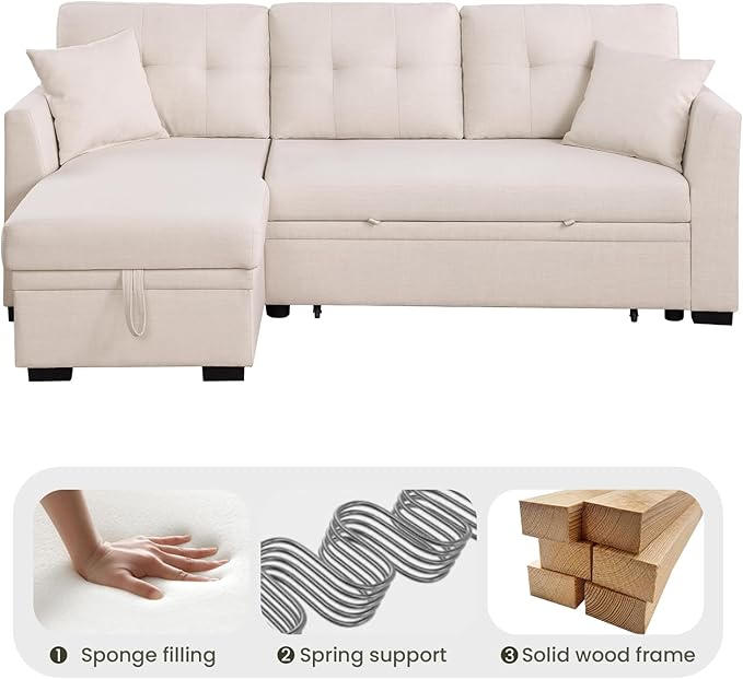 Convertible L-Shape Sofa Bed with Storage Space-Saving, Features Pull-Out Sleeper and Charging Ports for Apartment Living Room and Office, White