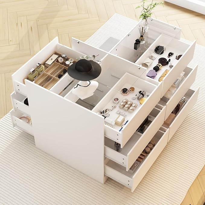 Armoire Bedroom Island Wardrobe Closet Island with 9 Drawers & Glass Tabletop, Islands Dresser with Bench, Closet Islands for Bedroom Cloakroom White (47.2”W x 27.5”D x 31.5”H)
