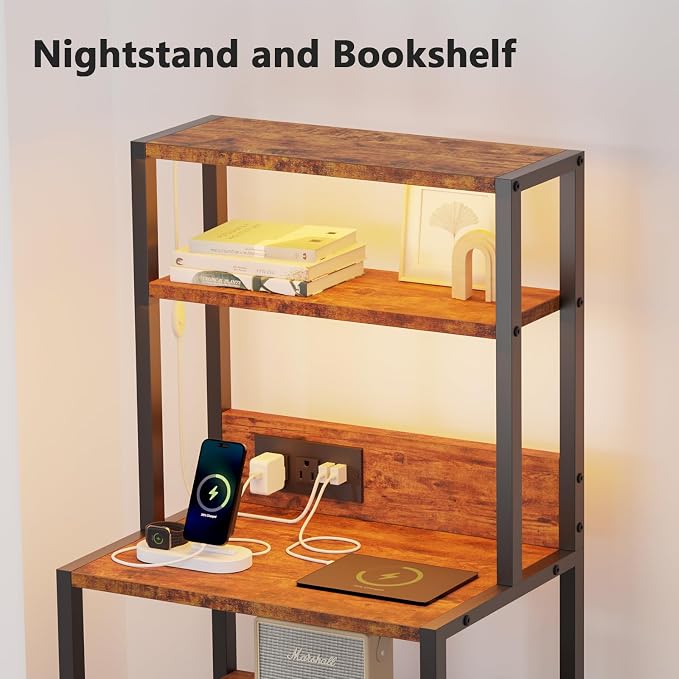 Furnulem Nightstands Set of 2, Tall Night Stand Set with Charger Station, 2 Fabric Drawers and Led Lights, Bedside End Table with 4-Tier Shelves, Bed Side Tables for Bedroom, Office, Rustic Brown - Image 6