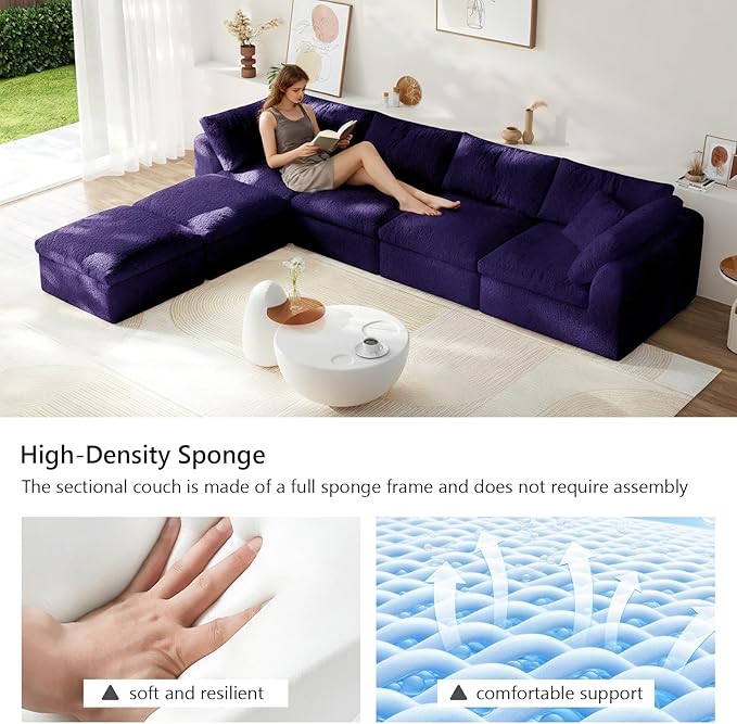 138" Modular Sectional Sofa Boneless Cloud Couch for Living Room, U Shape Deep Seat Recliner Sofa with Ottoman, Adjustable Backrest & 2 Throw Pillows - Covers Washable, (Purple, 4 Seater+2 Ottoman)