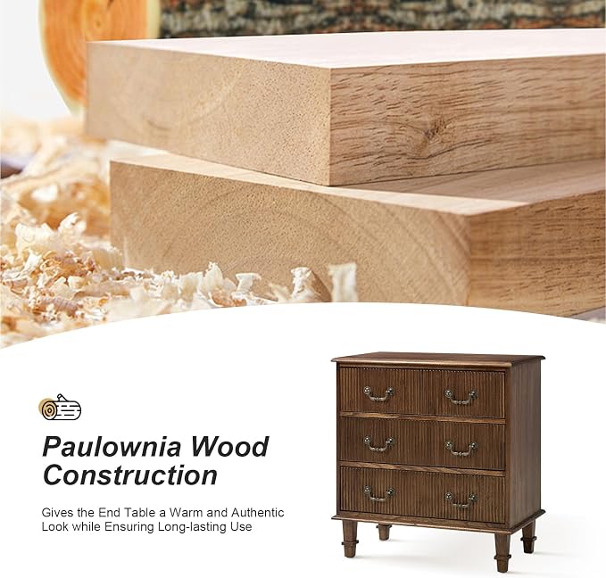 HULALA HOME French Country End Table, 30 inches Paulownia Wood End Table with Charging Station (Walnut, Set of 2) - Image 5