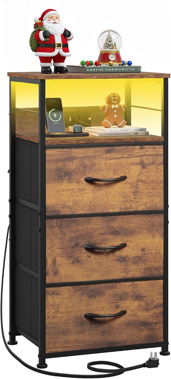 WLIVE Nightstand with Charging Station, 31.9" H Nightstand with 3 Fabric Drawers, LED Bedside Table with USB Ports and Outlets, End Table for Dorm, Bedroom, Entryway, Rustic Brown by WLIVE