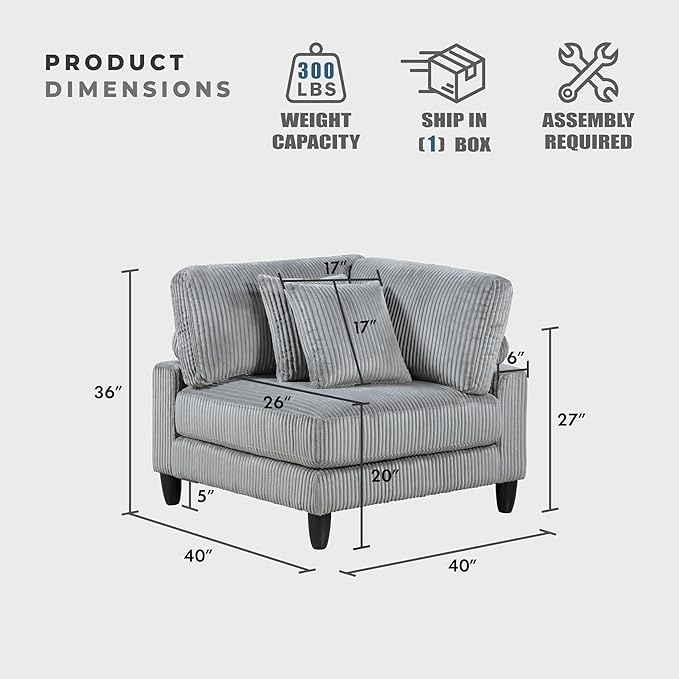Lexicon Modular Sectional Sofa for Living Room, Corduroy Fabric Upholstery Corner Seat with 2 Pillows, Units of Modular Sectional Couch, Upholstered Chair for Customizable Sectional Sofa Couch, Gray