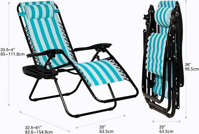 Nazhura Set of 2 Relaxing Recliners Patio Chairs Adjustable Steel Mesh Zero Gravity Lounge Chair Beach Chairs with Pillow and Cup Holder (Light Blue Stripe) - Image 3