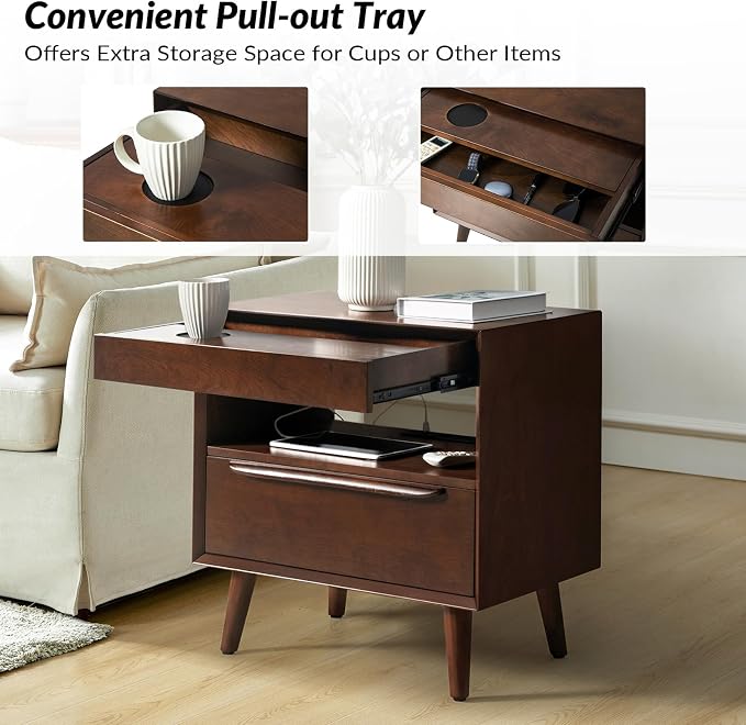 HULALA HOME End Table with Charging Station, Mid-Century Modern End Table with Pull-Out Shelf, Hidden Storage Side Tables, Wood Legs Set of 2, Walnut - Image 4