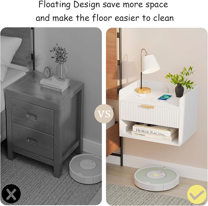 Arbuxzuy Floating Nightstand Set of 2 with Charging Station, Modern Wall Mounted Bedside Table with Drawer & Open Shelf, Minimalist Wooden Night Stand for Bedroom (White) - Image 4