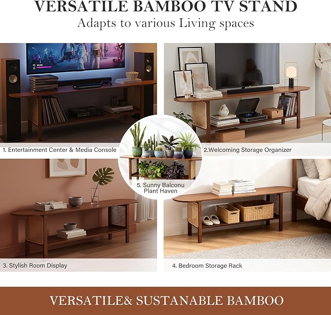 Tiita TV Stand with Storage for TVs up to 65'', Bamboo TV Console Entertainment Center with 2 Open Shelf, Mid Century Modern Media Console for Living Room, Bedroom, Walnut - Image 8