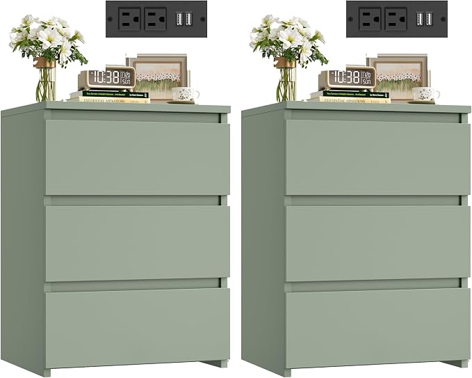 FOTOSOK Nightstand Set of 2, 26" H Night Stand with Charging Station, Nightstand Set 2 with USB Ports & Power Outlets, Silent Slides, Wooden End Side Table Bedside Table for Bedroom, Green by FOTOSOK