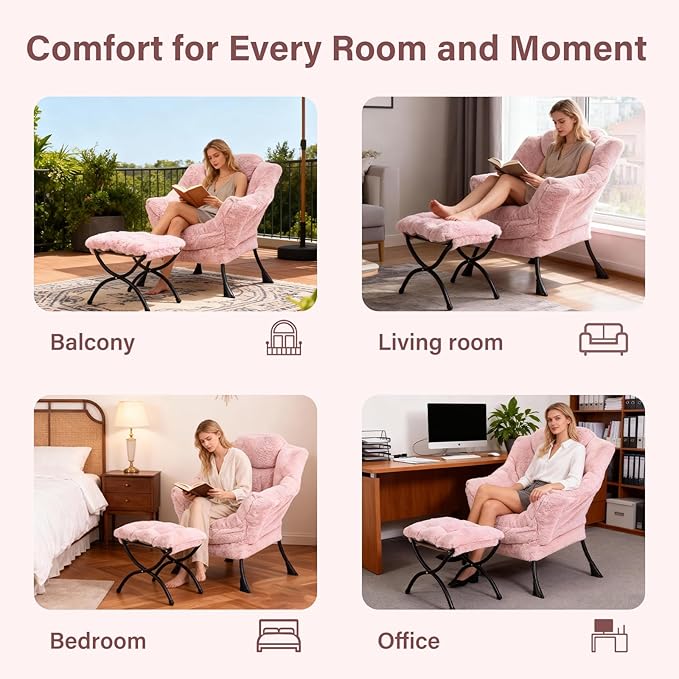 Lazy Chair with Ottoman, Modern Accent Chair Lounge Leisure Sofa Chair with Armrests, Reading Chair and Folding Footstool for Living Room, Bedroom, Office, Plush Pink