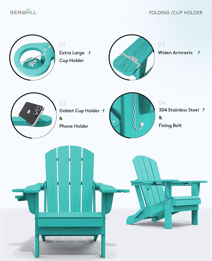 SERWALL Adirondack Chair with Cup Holders - Composite Adirondack Chairs Set of 2 HDPE Outdoor Chairs All Weather Use- Aruba - Image 8