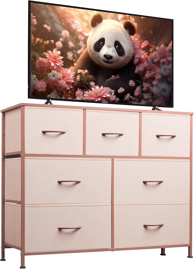 WLIVE 7 Drawer Dresser TV Stand, Entertainment Center, Media Console Table with Metal Frame and Wood Top for TV up to 45 inch, Chest of Drawers for Bedroom, Living Room, Pink by WLIVE