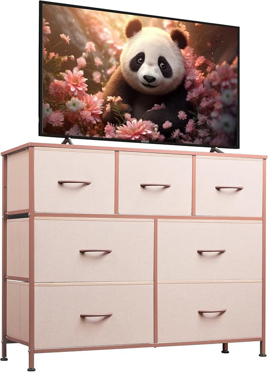 WLIVE 7 Drawer Dresser TV Stand, Entertainment Center, Media Console Table with Metal Frame and Wood Top for TV up to 45 inch, Chest of Drawers for Bedroom, Living Room, Pink by WLIVE