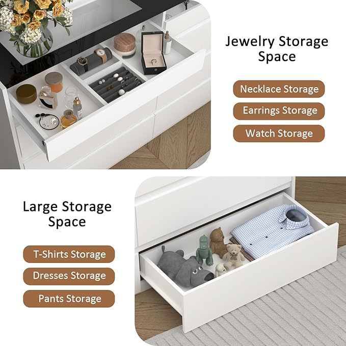 LIVAUVEAD White 8 Drawer Dresser for Bedroom with LED Light, Modern Dresser Chest of Drawers with Hidden Handles and Glass Top, Dressers Organizer for Bedroom, Closet, Living Room