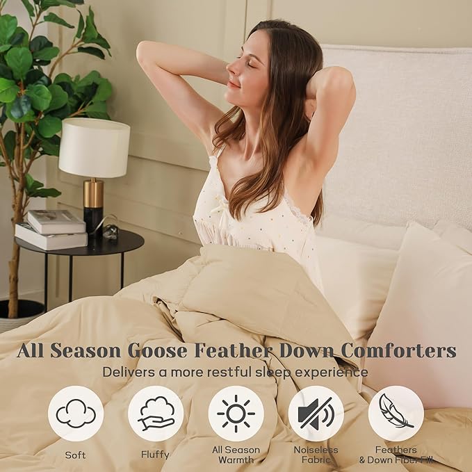 Joysoul Queen Size Down Comforter - All Season Ultra Soft Goose Down & Feather Fiber Fill, Luxury Hotel Cream Duvet Insert with Corner Tabs (88" X 88")