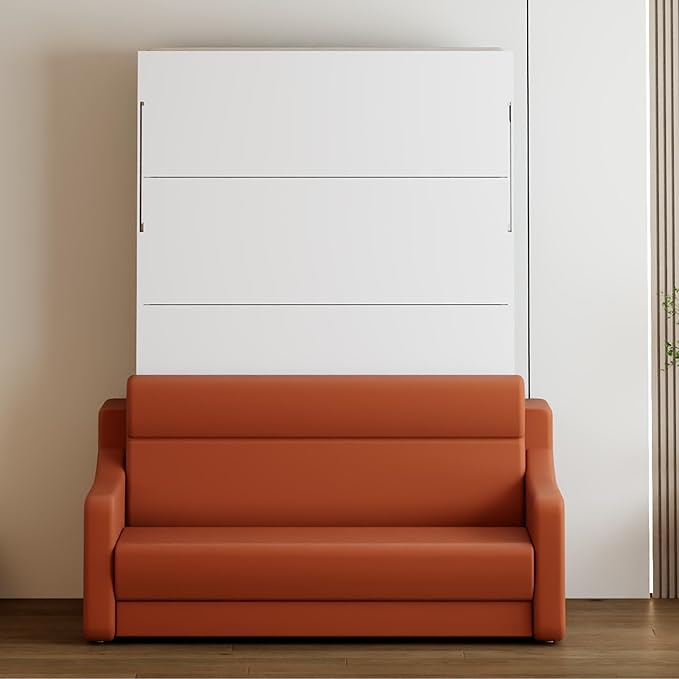 Full Size Murphy Bed Cabinet with Loveseat Sofa, White Hidden Beds,Wall Bedframe w/Orange Couch for Bedroom,Space-Saving, Noise Free