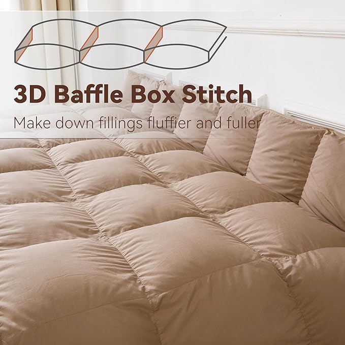 SNOWMAN Premium Down Comforter Cal King Size, Luxurious All Season Duvet Insert with Cotton Blended Fabric, 3D Baffle Box Design Hotel Bedding Comforter (Khaki,108"x98")
