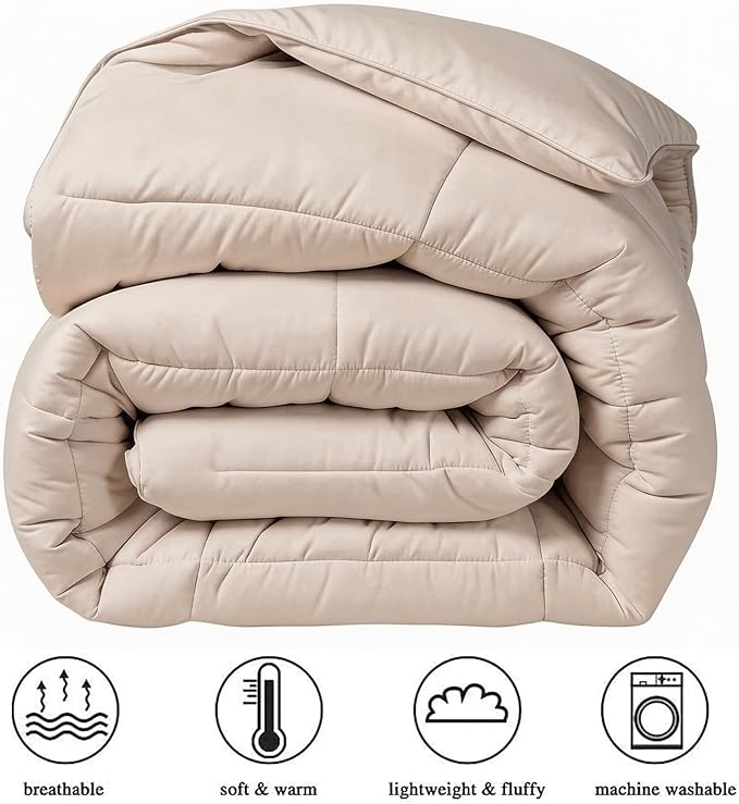 COHOME Premium Oversized Queen Size Comforter, All-Season Quilted Down Alternative Duvet Insert, Luxury Hotel GentleSoft Comforter with Anti-Clump Tech & 8 Tabs - Reversible - Beige 98x98 inches