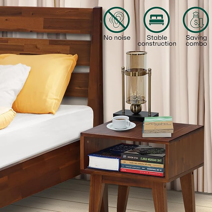 Acacia Emery King Solid Wood Platform Bed Frame with Headboard – Gift Matching Nightstand Included, Farmhouse Mid-Century Modern, Walnut Finish, Sturdy, No Box Spring Needed, Easy Assembly