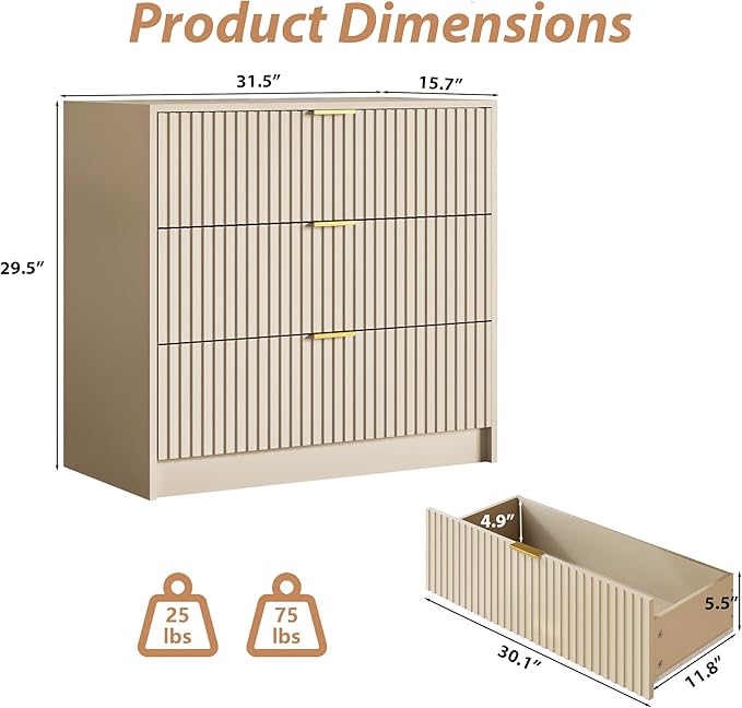 MAISONARIA 3-Piece Dresser Bedroom Set, 8 Drawer Dresser & 3 Drawer Nightstands with Gold Handles, Fluted Wood Chest of Drawers for Bedroom, Living Room, Entryway, Beige