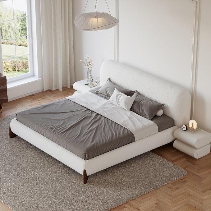 homary 3-Pieces Bedroom Sets King Size Upholstered Bed Frame with 2 Smart Nightstands – Bouclé Platform Bed with Upholstered Headboard, Leather Nightstands with Wireless Charging, USB