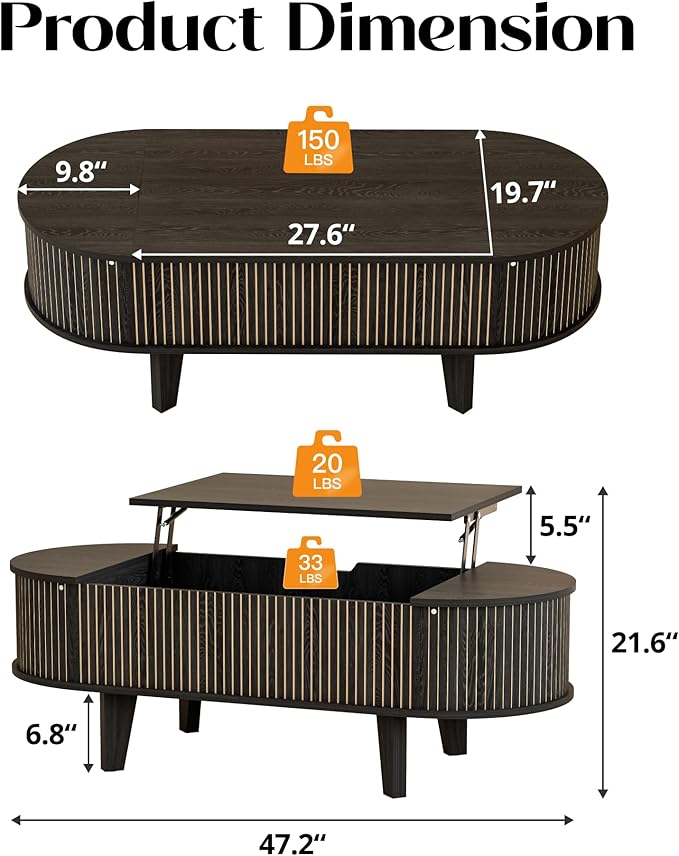 Oval Lift Top Coffee Table with Storage, Fluted 47" Wood Mid Century Modern Coffee Table for Living Room, Black