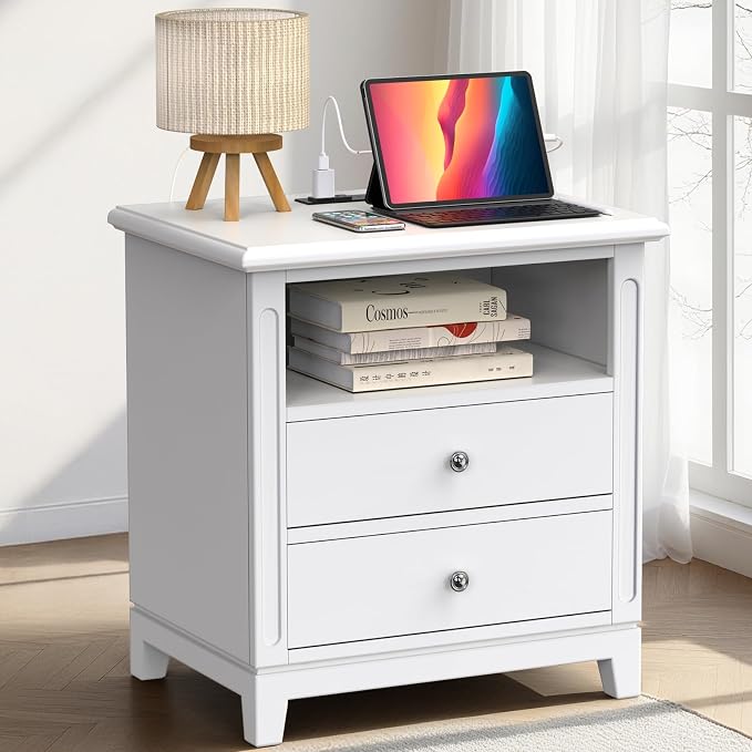 24" Wide Farmhouse Nightstand with Charging Station, Solid Wood End Table with 2 Large Drawers & Open Shelf, Bedside Table with USB Ports and Outlets, Side End Table for Bedroom - Image 7