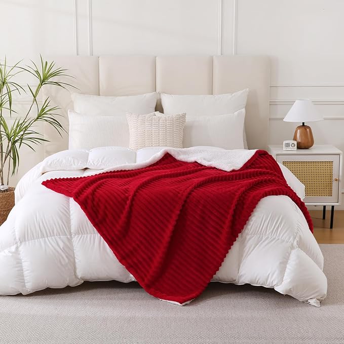 Red Sherpa Fleece Throw Blanket 50”×60” for Couch Sofa Bed,Double Side Soft Fuzzy Cozy Plush Thick Flannel Blanket with Striped Design Gift for Adults,Woman,Girls