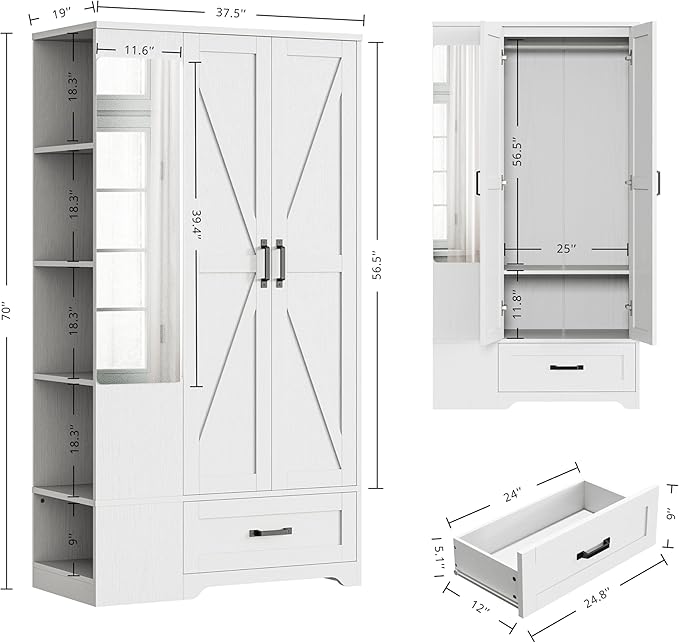 LIKIMIO Armoire Wardrobe Closet with Barn Doors and Drawers and Full Mirror and 5 Storage Shelves 70" Wooden Bedroom Wardrobe Combination for Hanging Clothes, White