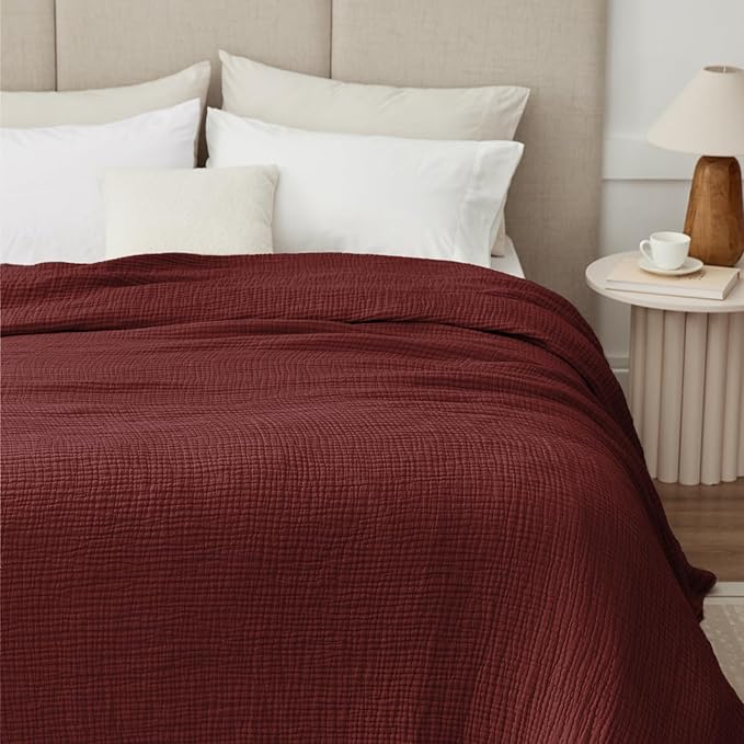 100% Cotton Muslin Blanket Queen 90" x 90", 6 Layers Breathable and Lightweight Cotton Throw Blankets for Bed, Soft Cooling Summer Gauze Blanket for Adults All Season, Burgundy