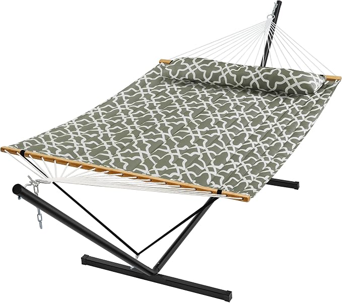 SUPERJARE Hammock with Stand, 2 Person Quilted Outdoor Hammock, Detachable Pillow & Bamboo Spreaders, Portable with Carrying Bag, Heavy Duty Stand, Perfect for Outside, Patio, Grey with White Flower by SUPERJARE