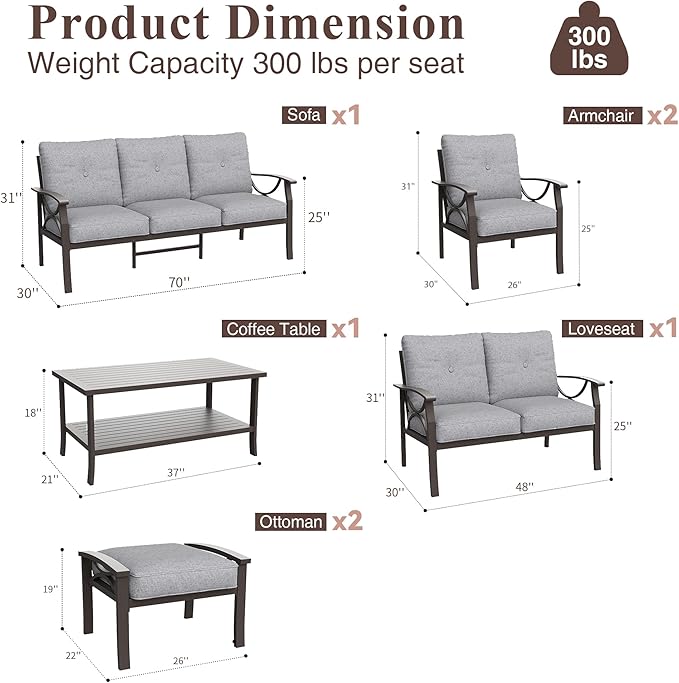 RoyalCraft Outdoor Patio Furniture Set, 7 Piece Patio Conversation Set with Coffee Table and Ottomans, Metal Furniture Set for Porch Backyard Garden, Grey