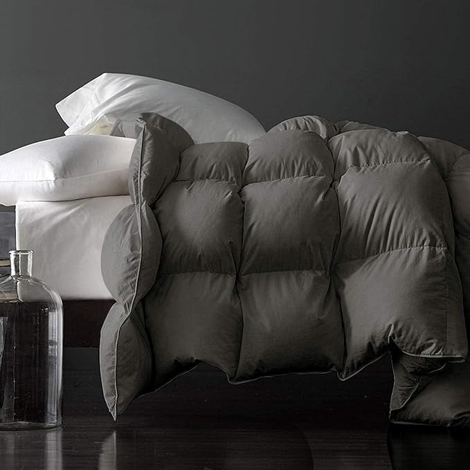 Royoliving Premium Feathers Down Duvet Insert Comforter Queen Size Charcoal Gray All Season Medium Warmth Grey 100% Cotton Cover with Corner Tabs (90x90, 50 oz)