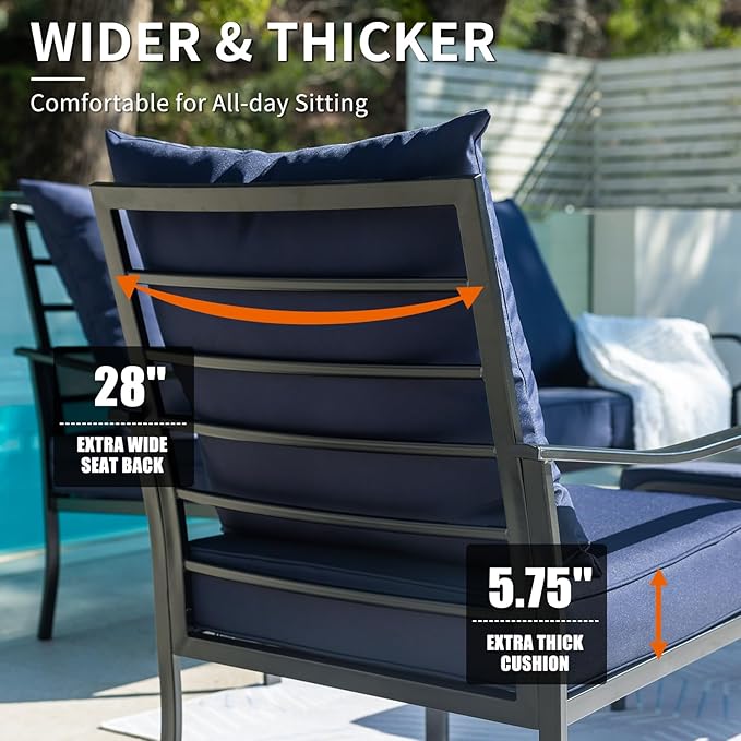 7 Piece Patio Furniture Set, Metal Patio Conversation Set with 1x3 Seater Sofa & 2xFixed Chairs & 2xSwivel Chairs & 2xOttomans, 5.75'' Extra Thick Cushion for Lawn Garden Backyard, Navy Blue