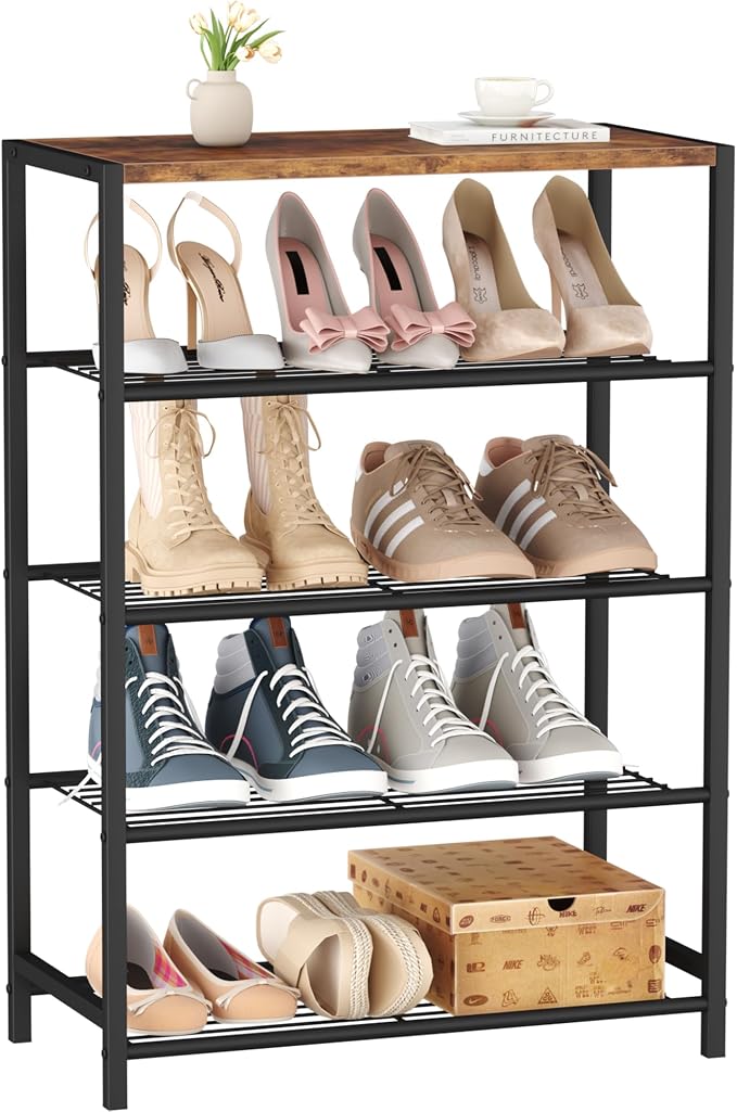 HOMEFORT 5-Tier Shoe Rack, Shoe Storage Shelf with MDF Top Board, Shoe Rack Organizer, Each Tier Fits 3 Pairs, Entryway Shoe Stand with Sturdy Shelves, Rustic Brown by HOMEFORT
