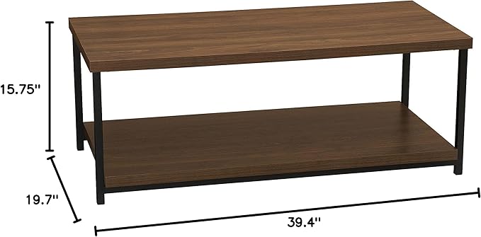 Household Essentials Jamestown Rectangular Coffee Table with Storage Shelf Mid Century Walnut Wood Grain and Black Metal