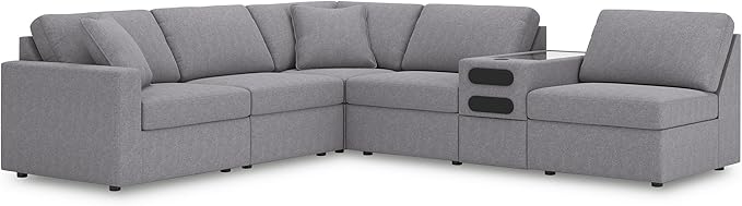 Signature Design by Ashley Modmax Contemporary Stain Resistant Left-Arm Facing 6-Piece Sectional with Audio Console, Armrest, Throw Pillows, Storage, Reversible Cushions and USB Port, Gray