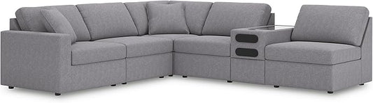 Signature Design by Ashley Modmax Contemporary Stain Resistant Left-Arm Facing 6-Piece Sectional with Audio Console, Armrest, Throw Pillows, Storage, Reversible Cushions and USB Port, Gray