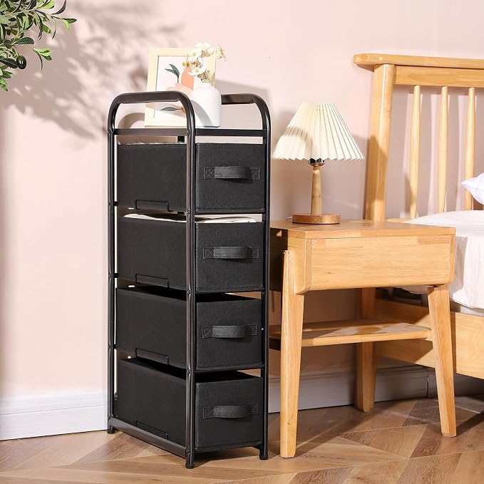 MAX Houser 4 Drawer Narrow Dresser Fabric Storage Tower Vertical Slim Storage Chest Organizer Nightstand Side/End Table Small Standing Organizer Removable Drawers Wood Top for Bedroom, Bathroom（Black) - Image 2