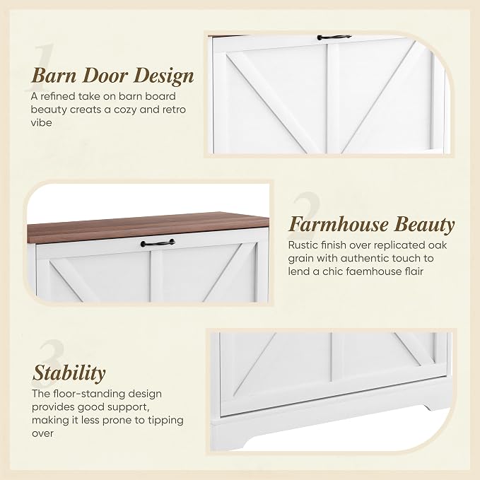 Semiocthome Farmhouse Shoe Storage Cabinet with 2 Flip Drawers, 31.5"(W) Freestanding Shoe Organizer with Barn Door and Metal Handles for Entryway, Rustic Narrow Slim Shoe Rack Cabinet - White - Image 8