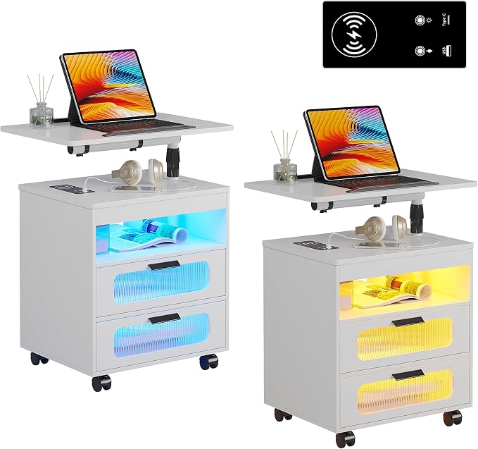 HNEBC LED Nightstand Set of 2 with Charging Station & Adjustable Overbed Desk, 3 Color LED Lights & Body Sensor, Mobile Bedside Table with Wheels, 2 Drawers & Open Shelf for Bedroom(White) by HNEBC