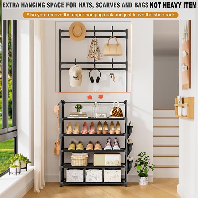OYREL Shoe Rack 5 Tier Shoe Organizer Storage 15-20 Pairs Shoes Rack for Closet Entrance Shoe Rack Organizer with Hooks and Side Pocket Entryway Shoe Holder Space Saving Free Standing Shoe Racks - Image 4