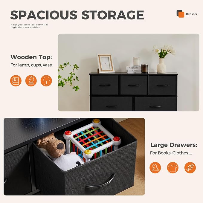 Sweetcrispy Dresser for Bedroom with 9 Storage Drawers, Tall Large Fabric Storage Tower Organizer, Chest of Drawers with Metal Frame Wooden Top for Closet, Living Room, Entryway, Black - Image 4