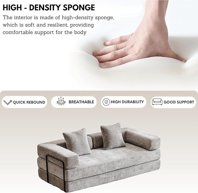 4-in-1 Folding Convertible Sofa Bed, 77" Floor Couch with Pillow - Chenille Fabric & High-Density Sponge & Fixed-Shape Frame, Modular Sofa for Living Room/Lounge/Studio, Light Grey