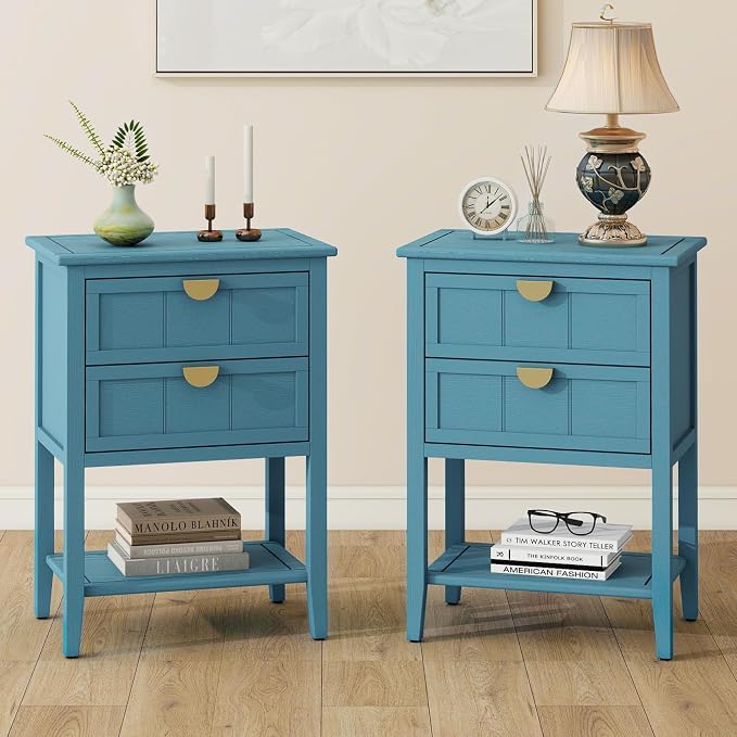 Blue Wood Nightstand with 2 Drawers and Open Shelf, Modern Bedside Table with Solid Wood Frame and Golden Handles, Narrow Wooden Side Table for Bedroom, 2 PC by LFGUIZO