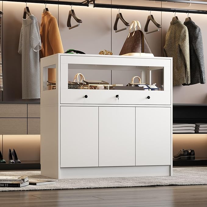 Armoire Bedroom Island Wardrobe Closet Island with Glass Drawer & 3 Doors, Island Glass Dresser Closet Island for Bedroom Cloakroom Store White (39.3”W x 19.6”W x 39.3”H)